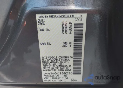 2016 Nissan Altima 2.5 Sr from USA, damaged, VIN 1N4AL3AP0GC169250